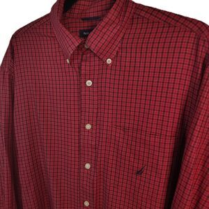 NAUTICA Button-Down Large Men's Red Check Plaid Cotton Blend Long Sleeve Shirt